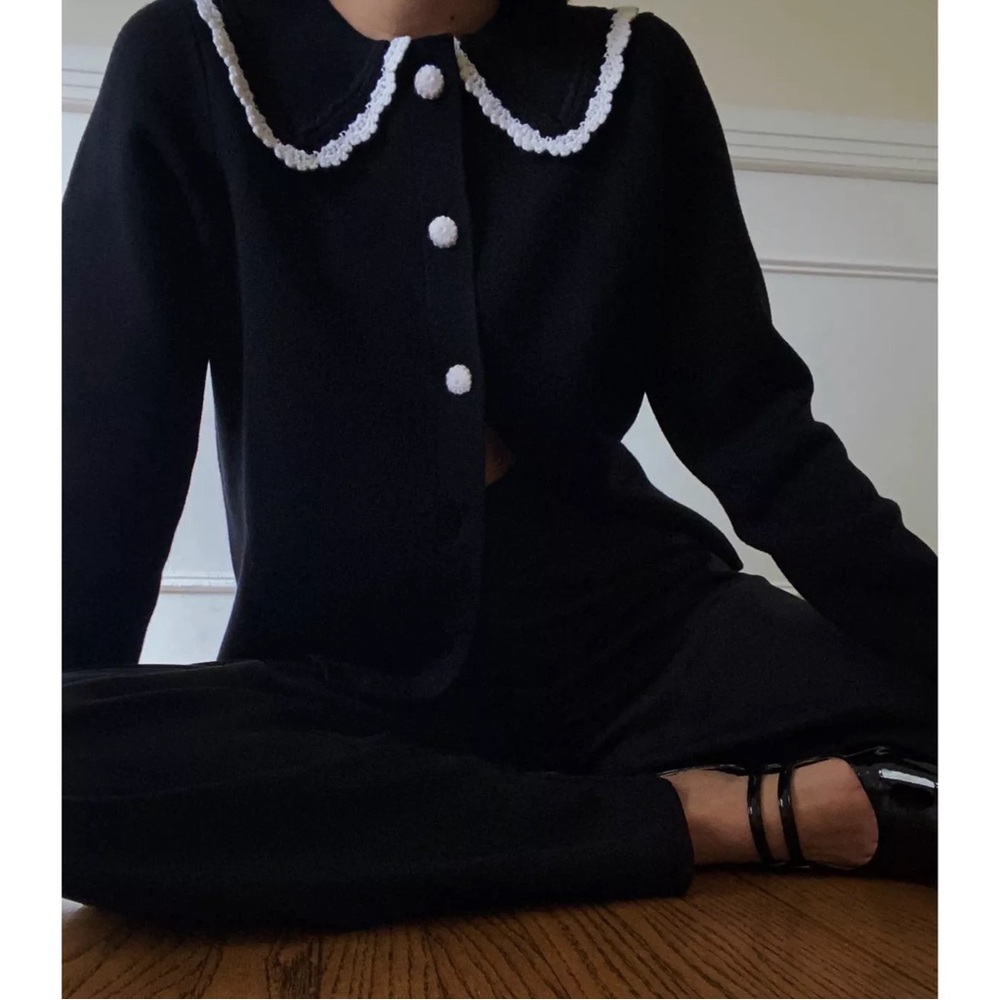 SEZANE BLOGGER Black White Fine Knit Bettany Cardigan Crochet Collared Sweater - Picture 13 of 16